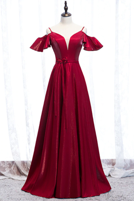 V Neck Short Sleeves Satin Belt Long Burgundy Prom Dress,PL1298