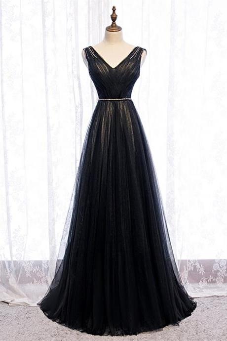 Black V Neck Tulle Pleats Beading Long Prom Dress,pl1300
