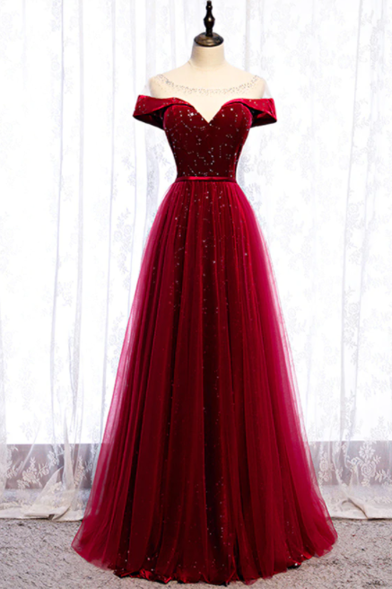 Scoop Cap Sleeves See Through Sequin Tulle Burgundy Prom Dress,pl1302