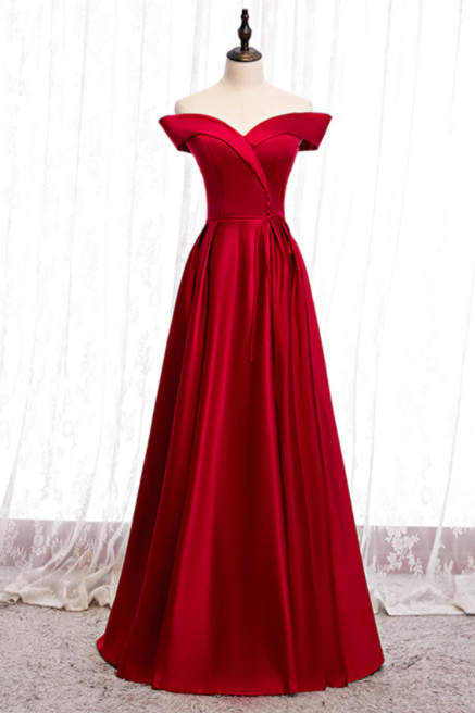 Off The Shoulder Burgundy Satin Button Long Prom Dress,pl1304