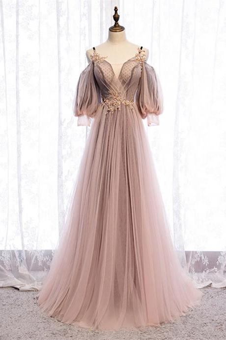 Half Sleeve Dusty Pink Straps See Through Appliques Prom Dress,pl1305