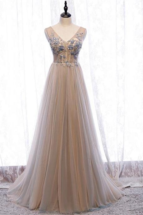 Champagne V Neck Tulle Beading Floor Length Backless Prom Dress,pl1307