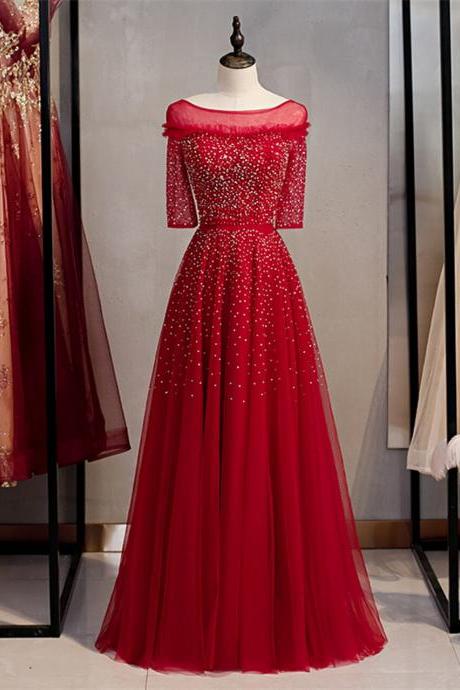 Scoop Beading Half Sleeves Red Sheer Tulle Sequin Prom Dress,pl1308
