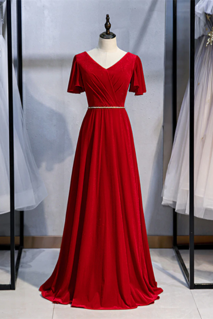 V Neck Short Sleeves Beading Velvet Log Red Prom Dress,pl1311
