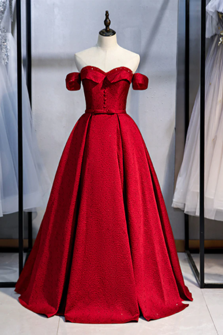 Off The Shoulder Satin Floor Length Dark Red Bow Prom Dress,pl1312