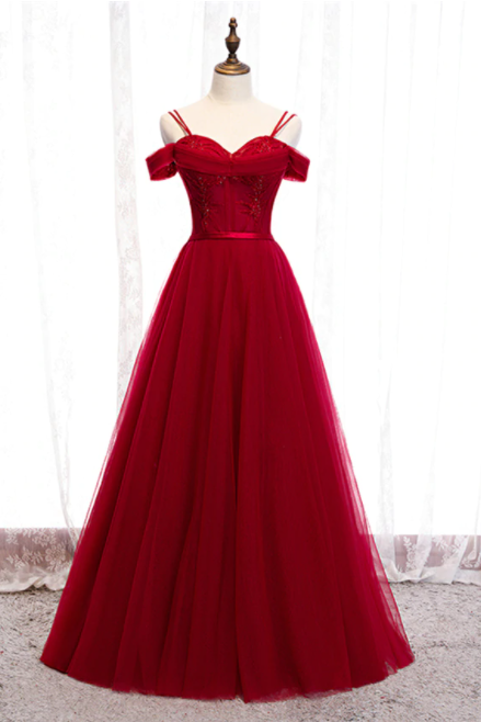 Beautiful Off The Shoulder Tulle Burgundy Beading Prom Dress,pl1314