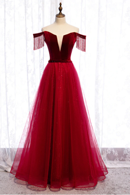 Tassel Sleeves Off The Shoulder Tulle Burgundy Floor Length Lace Up Prom Dress,pl1316