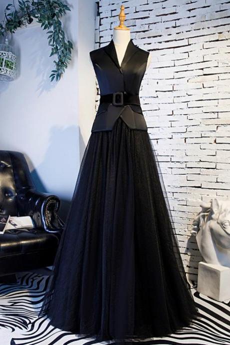 A-line Black Tulle Satin V-neck Prom Dress With Sash,pl1320