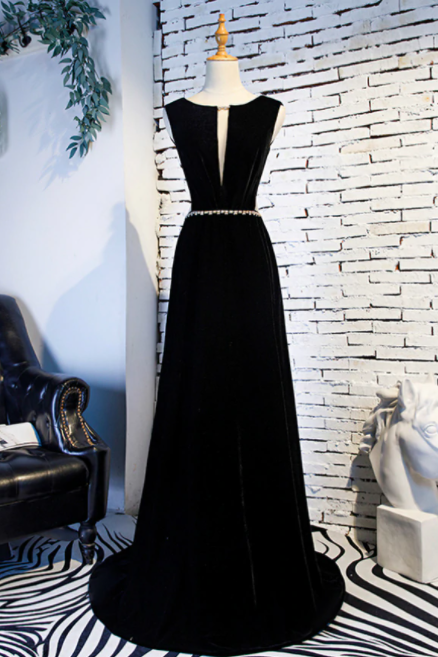 A-line Black Velvet Backless Prom Dress With Beading,pl1321