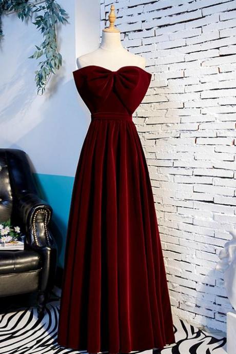 A-line Burgundy Velvet Strapless Long Prom Dress With Bow,pl1322