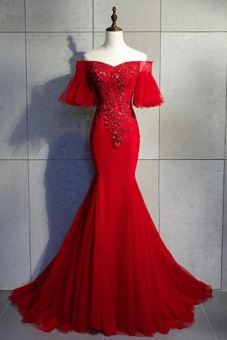 Burgundy Mermaid Tulle Off The Shoulder Beading Sequins Prom Dress,pl1324