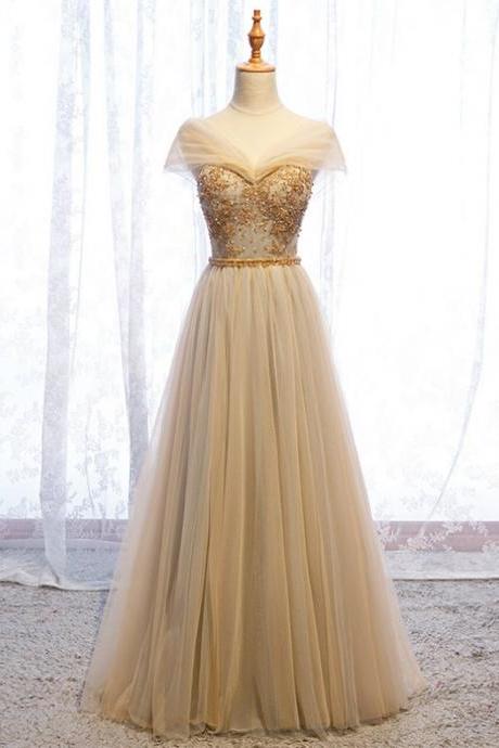 Yellow Tulle V-neck Beading Sequins Prom Dress,pl1325