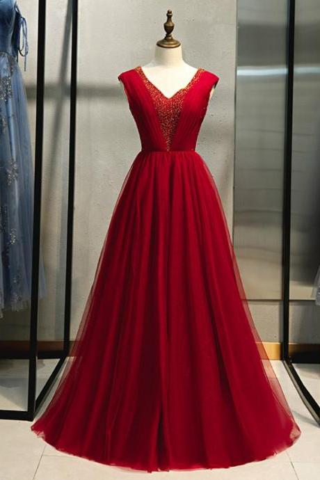 Burgundy Tulle V-neck Pleats Beading Sequins Prom Dress,pl1327
