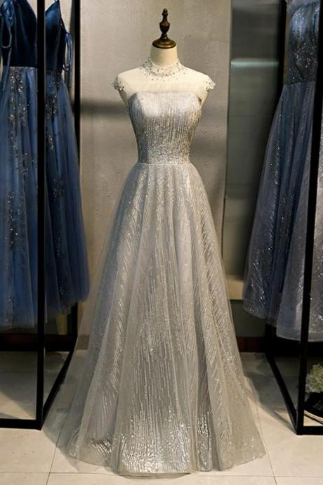 Gray Tulle Sequins High Neck Cap Sleeve Prom Dress,pl1330