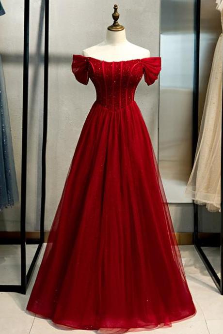 Burgundy Tulle Off The Shoulder Beading Sequins Prom Dress,pl1334
