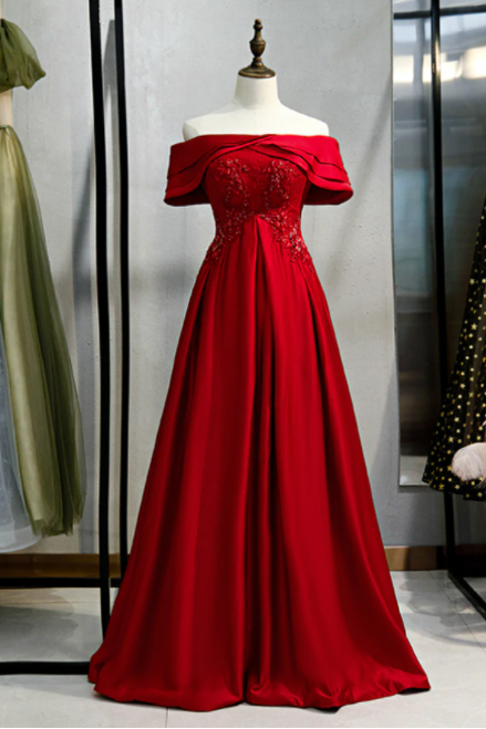 A-line Burgundy Satin Off The Shoulder Beading Prom Dress,pl1337