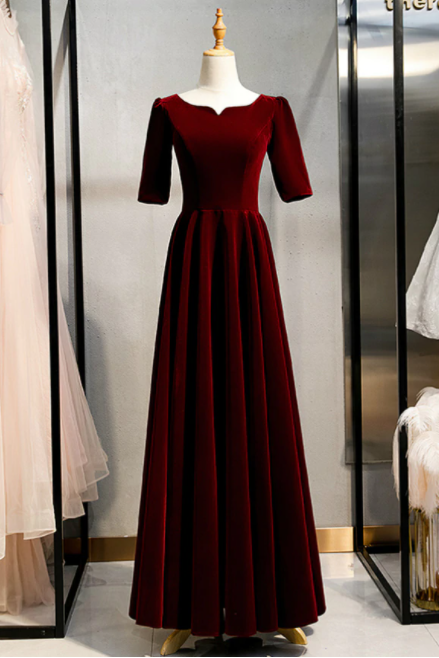 A-line Dark Burgundy Velvet Short Sleeve Prom Dresss,pl1340