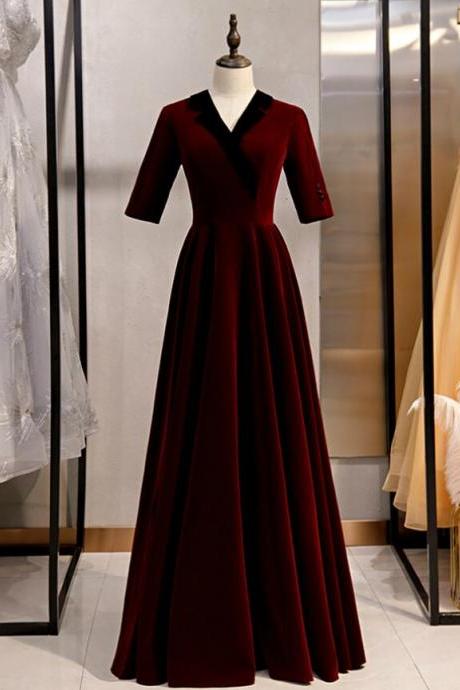 A-Line Dark Burgundy Short Sleeve V-neck Prom Dress,PL1343