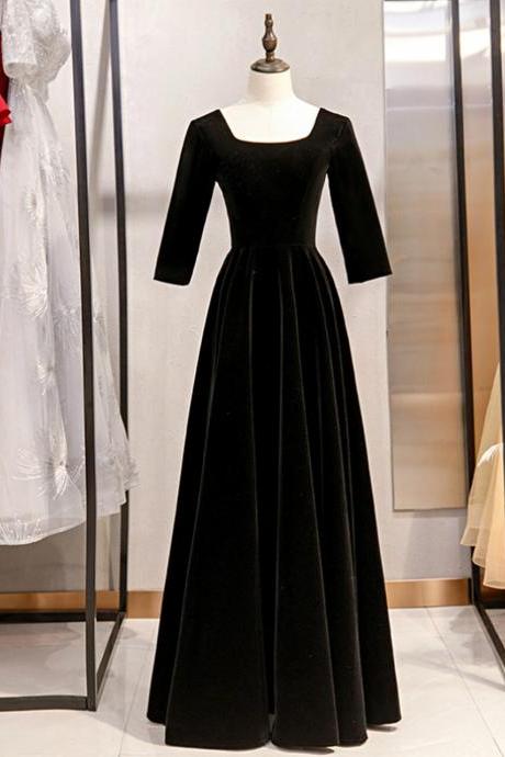 A-line Black Velvet Square Short Sleeve Prom Dress,pl1344