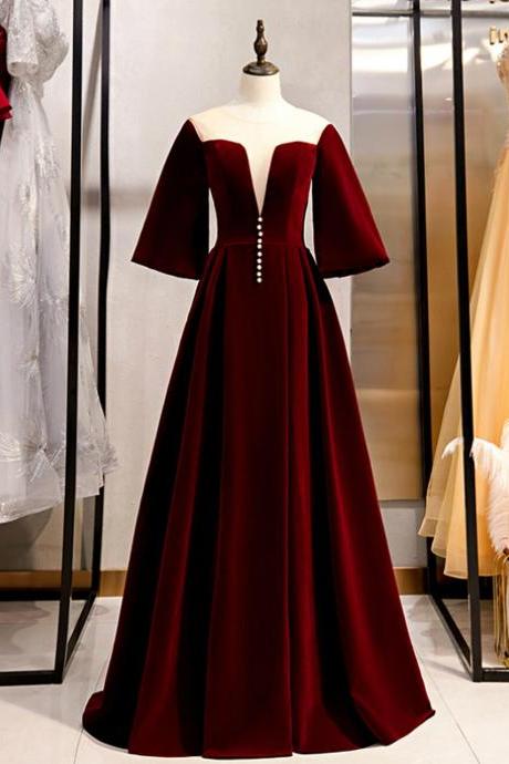 Dark Burgundy Velvet Short Sleeve See Through V-neck Prom Dress,pl1345