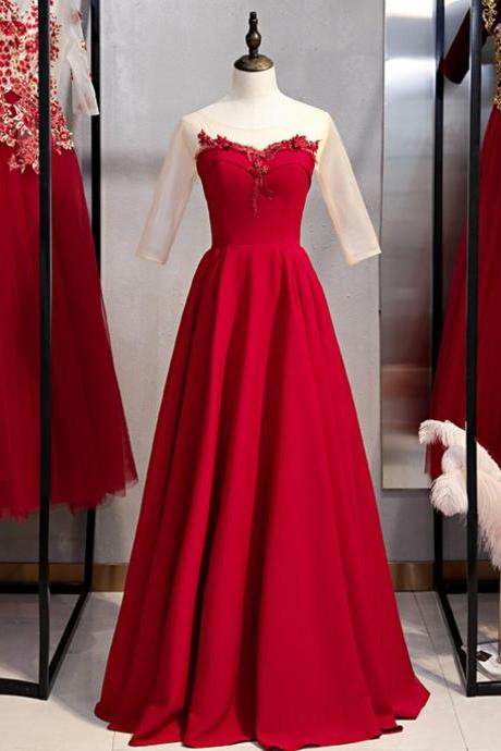 A-Line Burgundy Satin Short Sleeve Appliques Prom Dress,PL1346