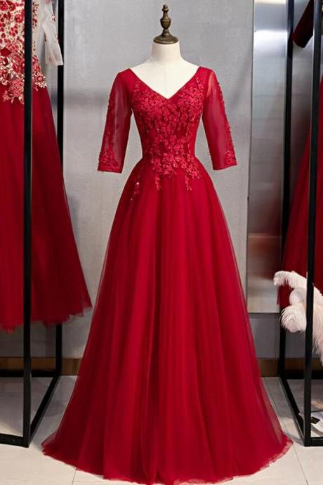 A-line Burgundy Tulle Lace Appliques Short Sleeve Prom Dress,pl1347