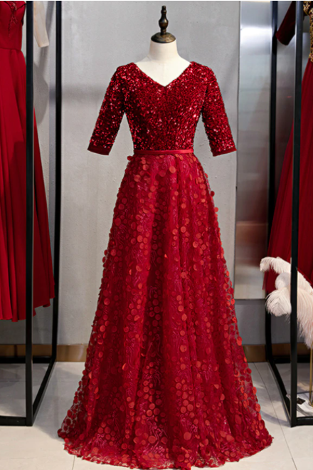A-line Burgundy Lace Sequins V-neck Short Sleeve Prom Dress,pl1348