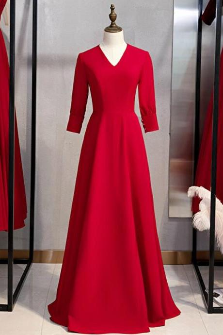 Burgundy Satin V-neck Half Sleeve Long Prom Dress,pl1349