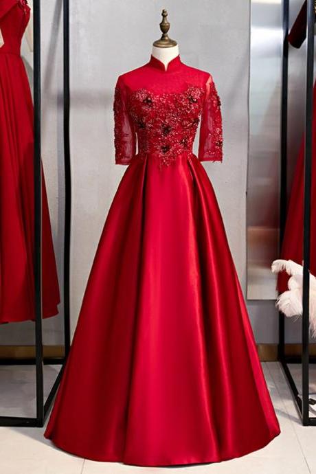 Burgundy Satin High Neck Short Sleeve Appliques Prom Dress,pl1351