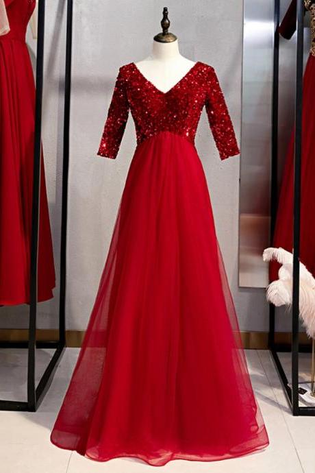 Burgundy Tulle Sequins V-neck Short Sleeve Prom Dress,PL1352