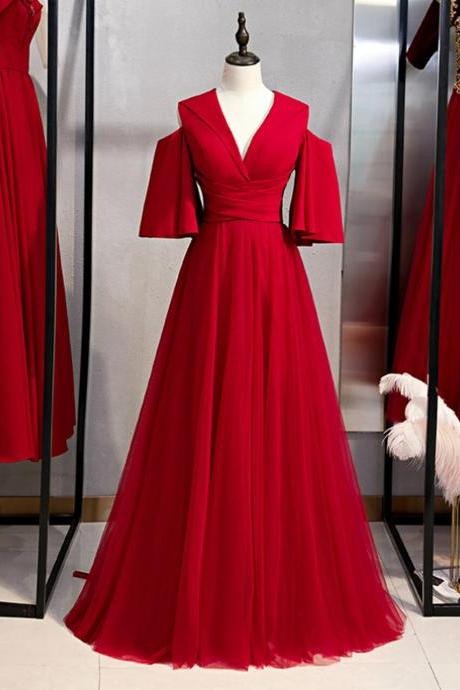 A-line Burgundy Tulle Deep V-neck Prom Dress,pl1354