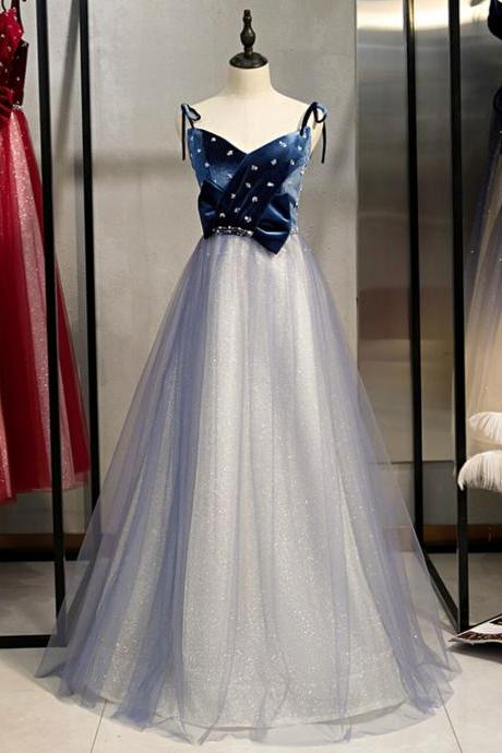 A-line Blue Tulle Spaghetti Straps Beading Prom Dress,pl1356