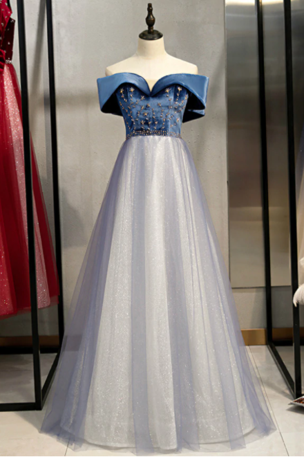 A-line Blue Tulle Velvet Off The Shoulder Beading Prom Dress,pl1357