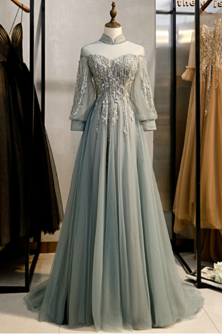 A-line Gray Tulle Long Sleeve High Neck Backless Beading Prom Dress,pl1358