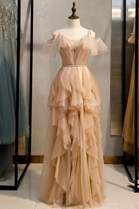 A-line Champagne Tulle V-neck Pleats Prom Dress,pl1359