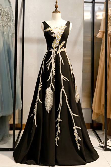 A-line Black Satin See Through V-neck Appliques Prom Dress,pl1360