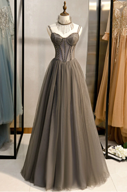 A-line Gray Tulle Spagehtti Straps Beading Prom Dress,pl1362