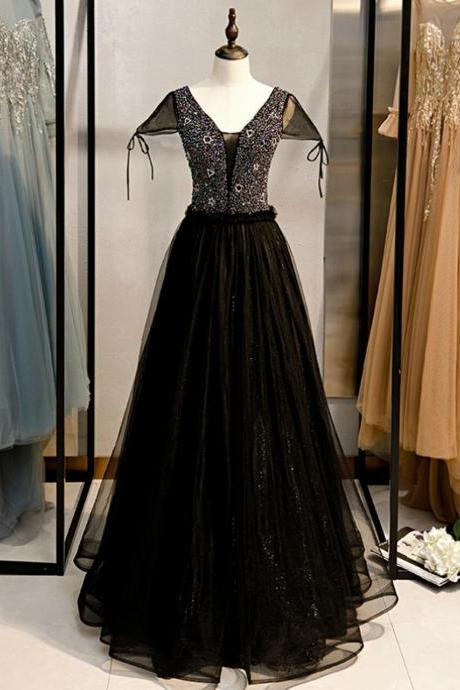 A-line Black Tulle V-neck Cap Sleeve Beading Prom Dress,pl1363