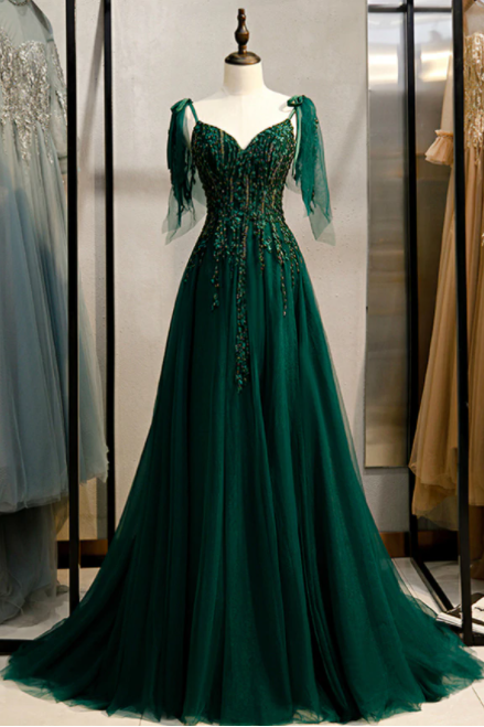 Dark Green Tulle Spaghetti Straps Beading Prom Dress,pl1365