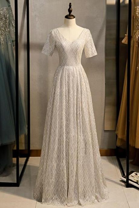 A-line Silver Sequins V-neck Short Sleeve Prom Dress,pl1366