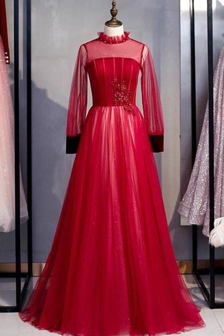 A-line Burgundy Tulle Long Sleeve Backless Prom Dress,pl1372