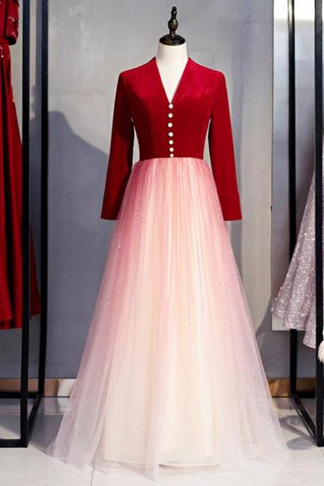 A-line Red Velvet Tulle Long Sleeve Open Back Prom Dress,pl1373