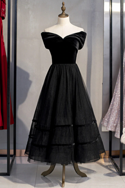 A-line Black Tulle Velvet Off The Shoulder Tea Length Prom Dress,pl1374