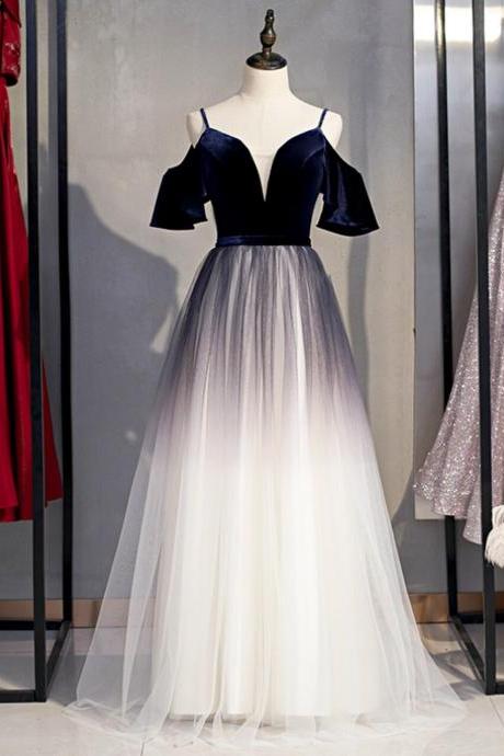 A-line Blue Velvet Tulle Spagehtti Straps Long Prom Dress,pl1375