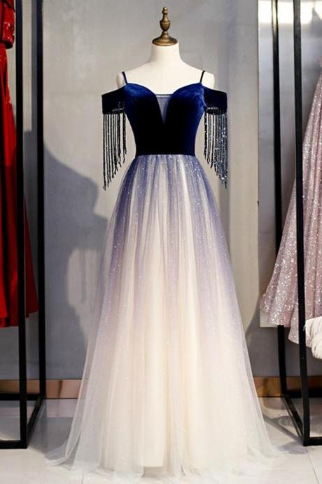 A-line Blue Velvet Spagehtti Straps Beading Prom Dress,pl1376
