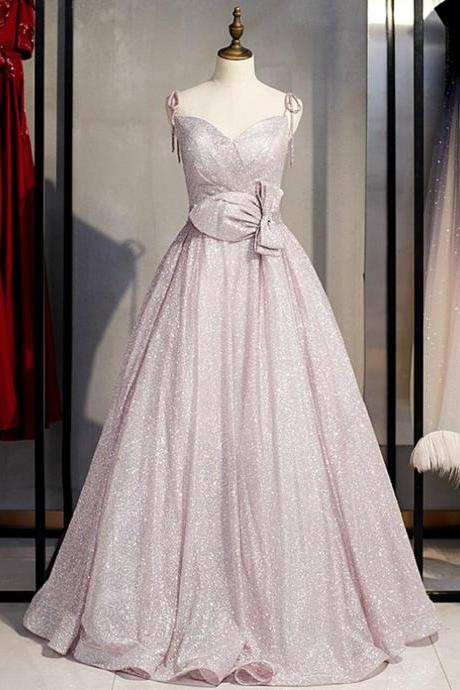 A-line Pink Seuqins Spaghetti Straps Prom Dress With Bow,pl1377