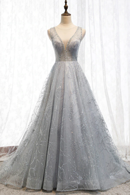 A-Line Silver Gray Tulle Sequins See Through V-neck Backless Prom Dress,PL1381