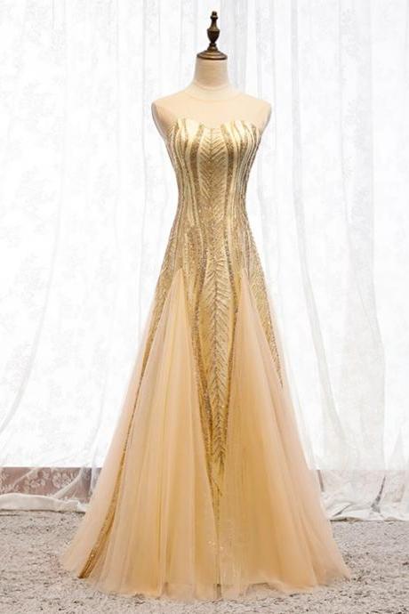 Gold Mermaid Sequins Tulle Sleeveless Prom Dress,pl1383