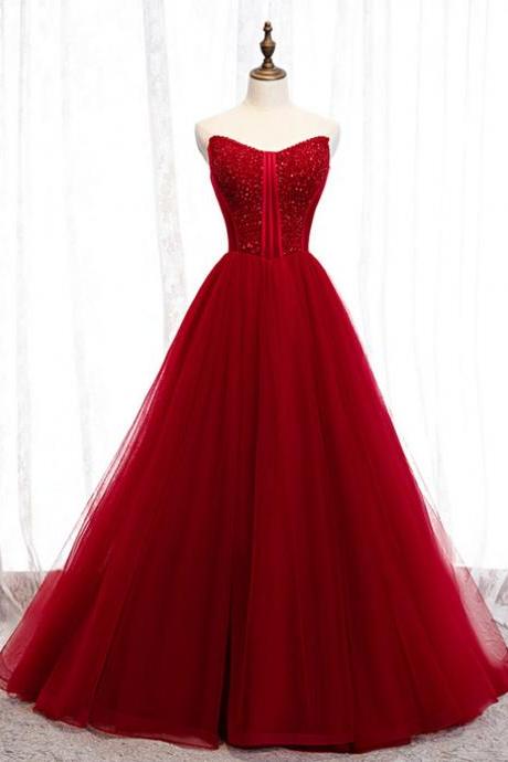 Burgundy Tulle Sweetheart Beading Long Prom Dress,pl1393