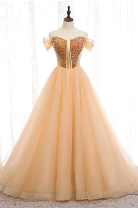 A-line Gold Tulle Off The Shoulder Beading Prom Dress,pl1395